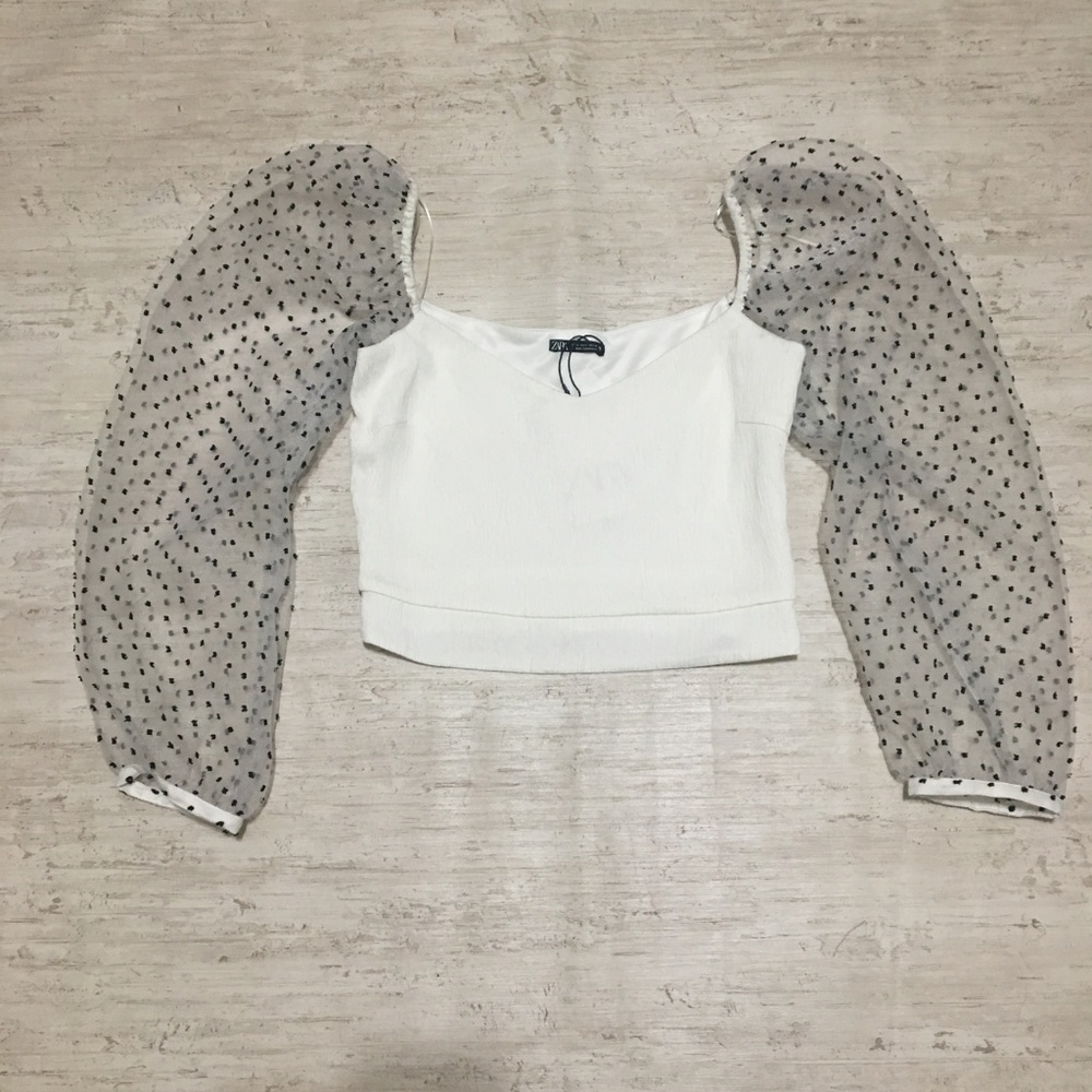 DOTTED MESH PUFF SLEEVES POLKA DOT CROP TOP - Picture 2 of 8
